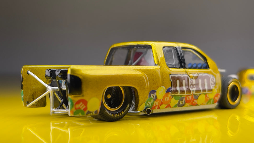 Diecast Custom - Chevy Silverado V8 Twin Turbo M&M’s Drag - Majorette Custom